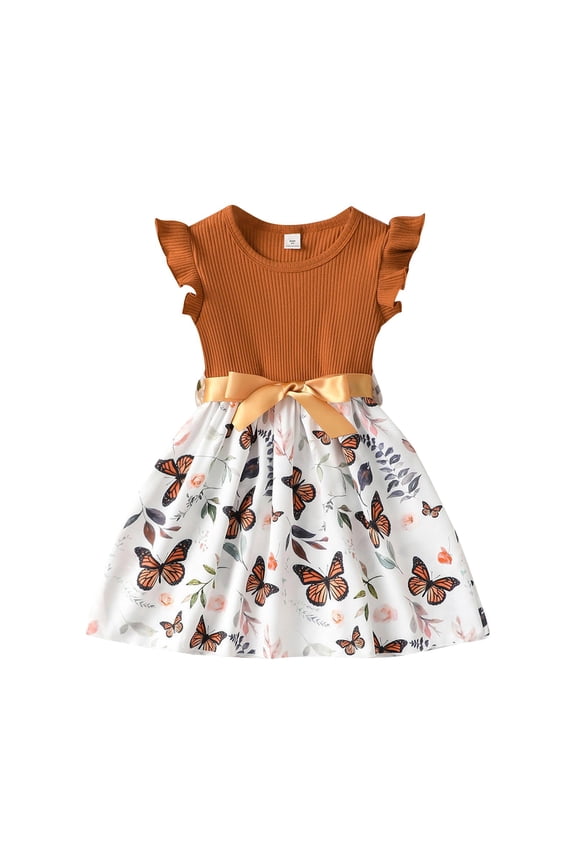 Toddler Girls Dress Summer Chic Fashionable Crew Neck Flutter Sleeve Butterfly Pattern Printed A Line Swing Princess Sundress