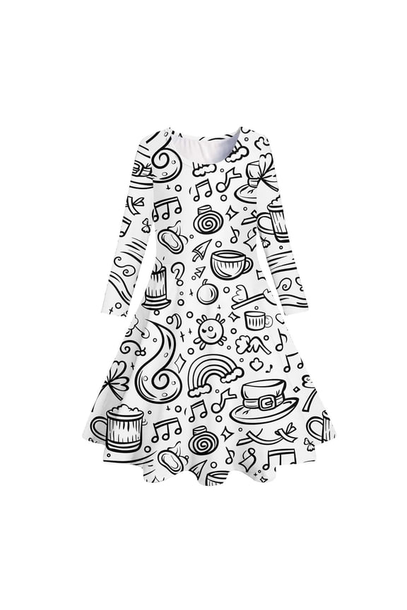 Toddler Girls Dress Summer Crew Neck Long Sleeve Graffiti Fun Pattern Print Casual Princess Sundress Creative Streetwear Ootd