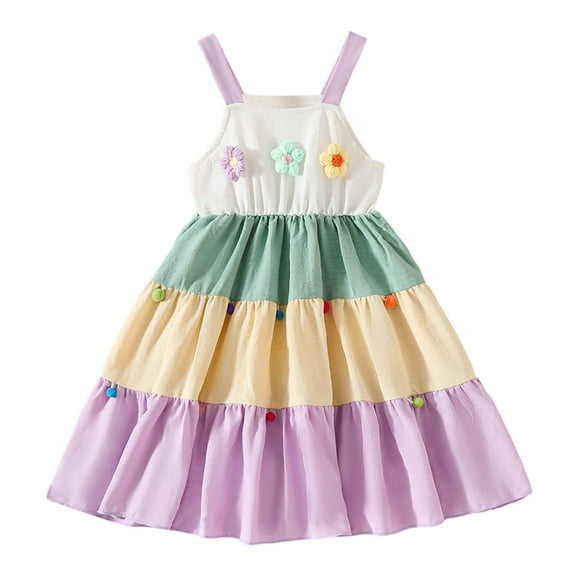 Toddler Girls Dress Summer Flower Color Blocked Spaghetti Strap Dresses Casual Kids Girl Dresses 12 Month-24 Month