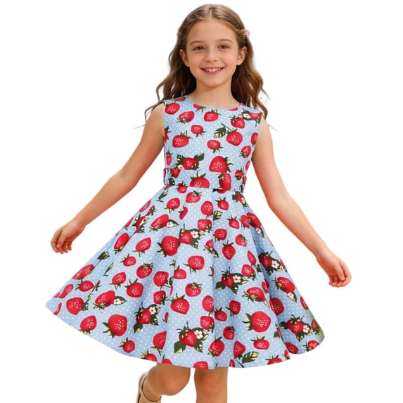 Toddler Girls Dress Sweet Strawberry Graphic Print Sleeveless A-Line Dresses for Summer Vacation Casual Beach Outing Kids Boho Sundress