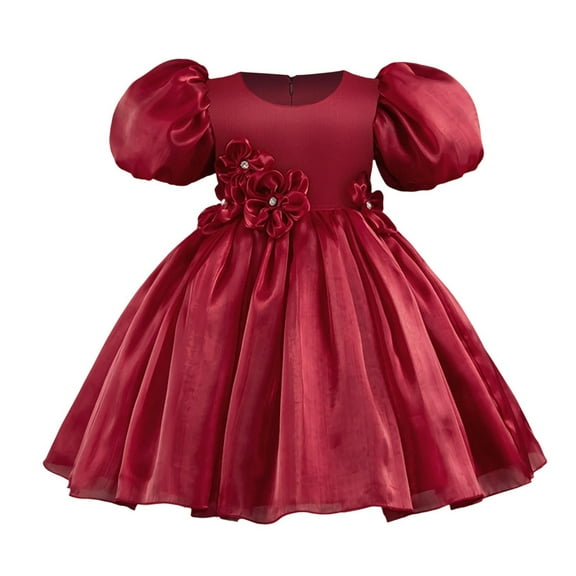 Toddler Girls Dress Tulle Princess Party Kids Dress Sequin Ribbed Knit Bodice Pufffy Birthday Little Girls Festive Dresses Red 2-3 Years