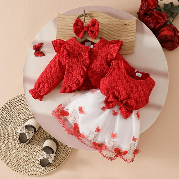 Toddler Girls Dress with Cardigan Set Little Girl Floral Sleeveless Dress Ruffle Coat Baby Long Sleeve Outfit Red 12-18 Months