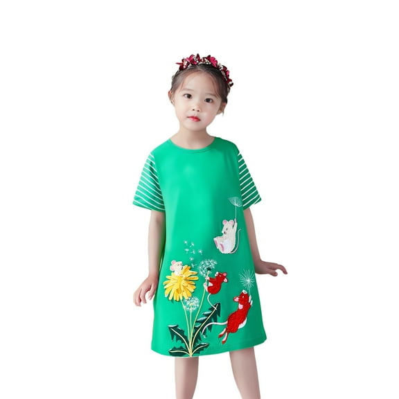Toddler Girls Dresse Round Neck Embroidered Animal Print Short Sleeved Dress Kids Girls Summer Trendy Loose Comfortable Casual Wear Dresses,3 -4 Years