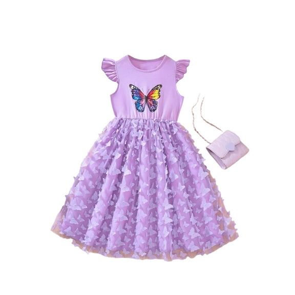 Toddler Girls Dresse Solid Color Round Neck Fly Sleeve Butterfly Print Mesh Tutu Dress Kids Girls Summer Sweet Birthday Party Princess Dresses,8 -9 Years