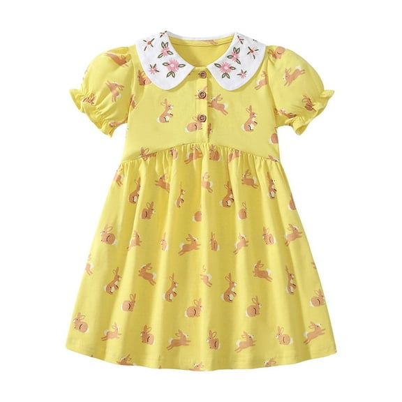 Toddler Girls Dresses A Line Peter Pan Collar Lantern Sleeve Bunny Printing Dress Soft Loose Fashion Cute Children Girls Dresses，2 -3 Years