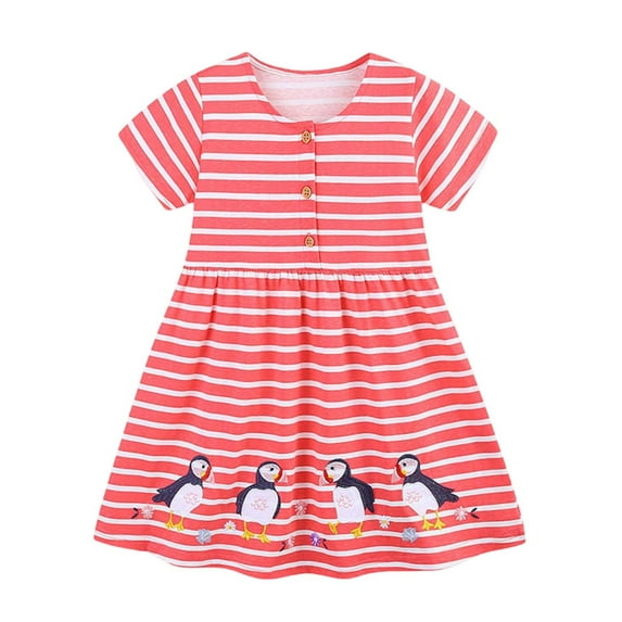 Toddler Girls Dresses Animal Embroidered Striped Crew Neck Short Sleeve Outfits Birthday Casual Toddler Little Girl Summer Dresses,Watermelon Red,2-3 Years
