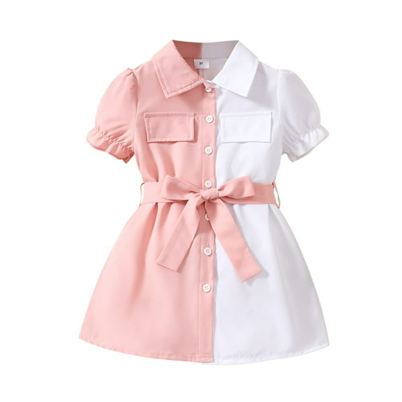 Toddler Girls' Dresses Baby Summer Fashion Color Matching Pink And White Lapel Short Sleeve Lace Up Fashion Clothes for Girls Size 3-4T