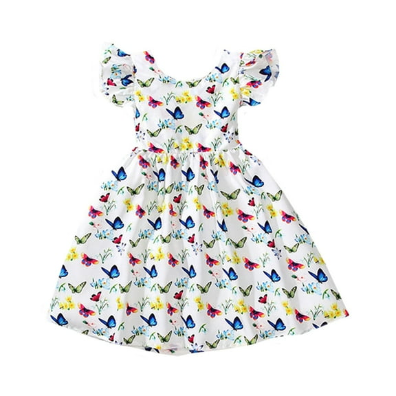 Toddler Girls Dresses Butterfly Print Fly Sleeve Round Neck A-Line Dress Kids Girls Summer Everyday Wear Stylish And Comfortable Dresses,3 -4 Years