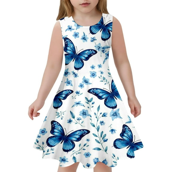 Toddler Girls Dresses Butterfly Print Sleeveless Round Neck A-Line Dress Kids Girls Summer Fashion Slim Soft Popular Garments Daily Wear Dresses,6 -7 Years