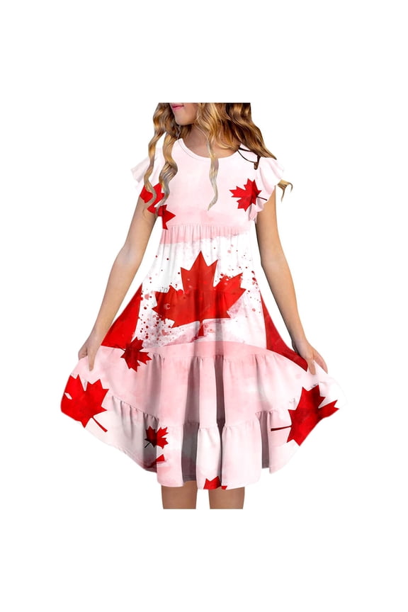Toddler Girls' Dresses Canada Day Floral Red White Maple Leaf Print Tiered A Line Flutter Sleeves Pockets Party Flower Girl Dress
