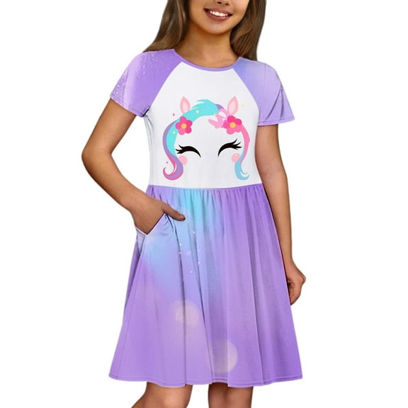 Toddler Girls Dresses Cartoon Horse Printing Short Sleeve Round Neck A Line Dress Kids Girls Summer Casual Party Athleisure Vacation Comfortable Dresses,4 -5 Years