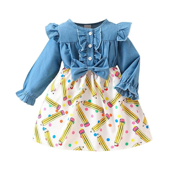 Toddler Girls Dresses Casual Denim Pencil Dress With Bow Detail Short Sleeve Back School Kids Spring Fall Fashion