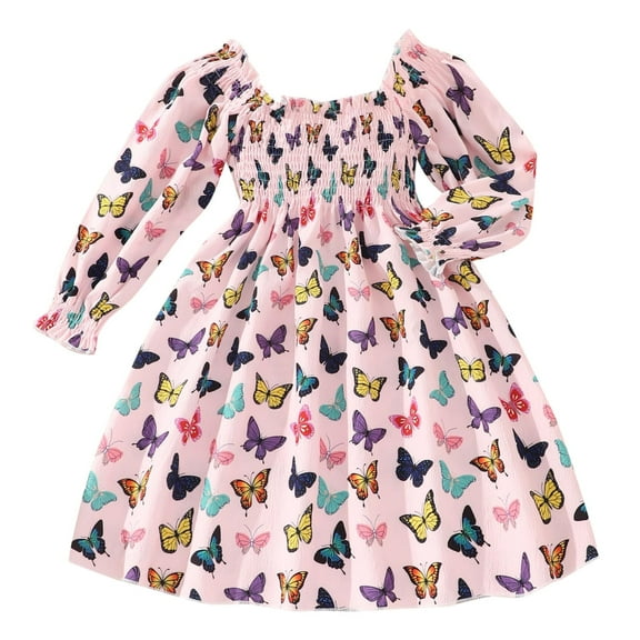 Toddler Girls Dresses Casual Size 3 Years-4 Years Long Sleeve Butterfly Prints Princess Dress Dance Party Dresses Summer Dress