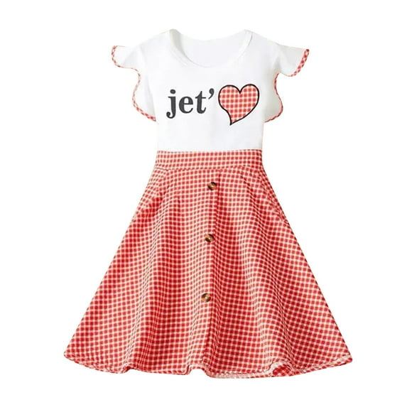 Toddler Girls Dresses Casual Size 3 Years-4 Years Summer Casual Ruffle Letter Love Print Ruffle Sleeves Plaid Patchwork Party Princess Dresses Graphic Dress