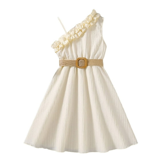 Toddler Girls Dresses Casual Size 7 Years-8 Years Spring Summer Strap Ruffles Solid Color Princess Casual Dress With Belt Sundress