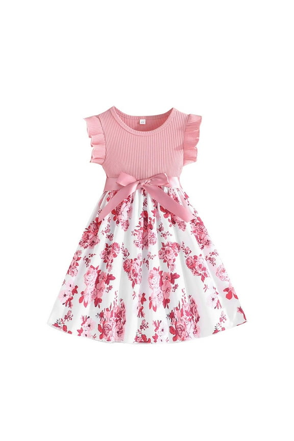 Toddler Girls Dresses Codkkre Dress Flowers Bowknot Ruffle Sleeves A Line Summer Round Neck Baby Dress Pink 3 Years-4 Years