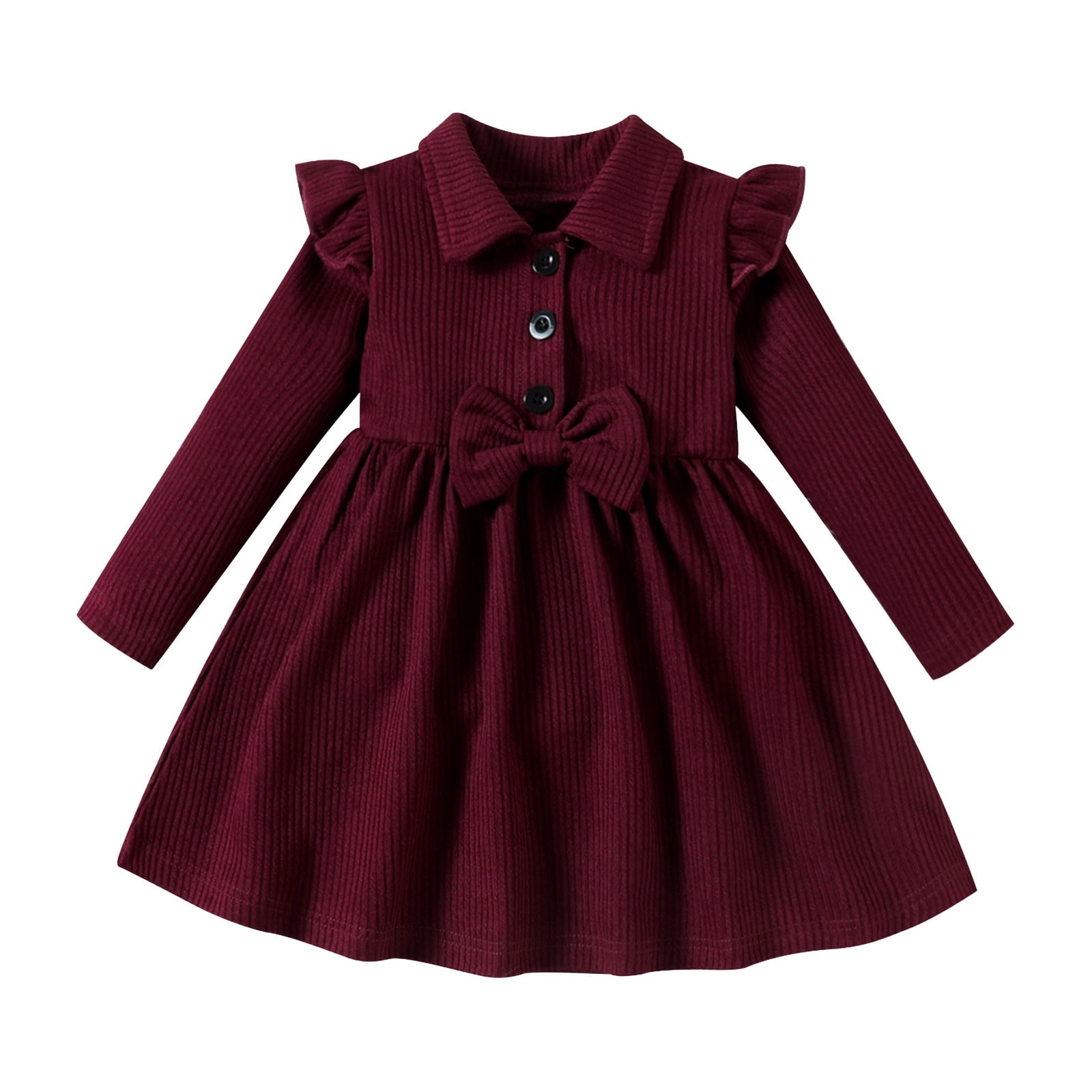 Toddler Girls Dresses Fall Long Sleeve Solid Bowknot Clothes Cute