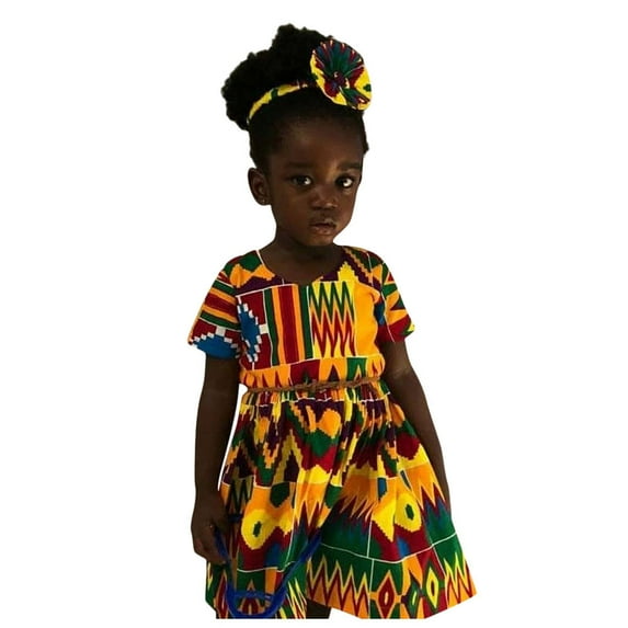 Toddler Girls Dresses Formal Kids Baby Dashiki African Print Short Sleeve Princess Clothes Teens Dress