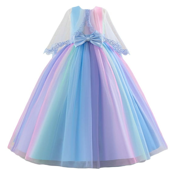 Toddler Girls Dresses Gradient Rainbow Tutu Princess Bow Detail Long Sleeve Party Gown Dance Recital Flower Girl Dress