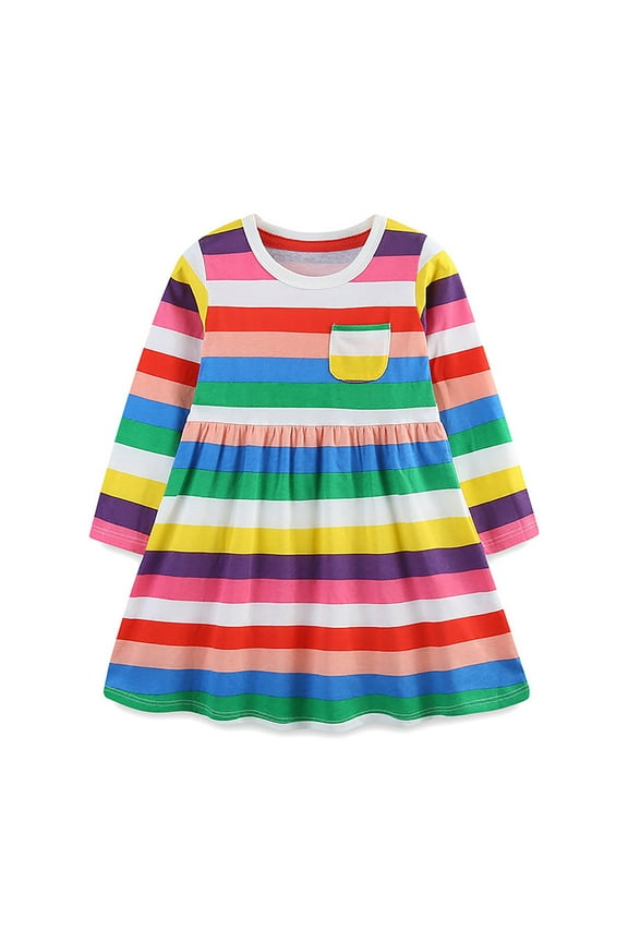Toddler Girls Dresses Kids Long Sleeve Rainbow Stripe Prints Princess Dance Party Dress Fall Clothes Size 4-5T