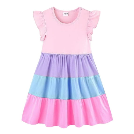 Toddler Girls Dresses A Line Flare Sleeve Round Neck Color Bloc Dress Kids Girl Summerr Outdoor Activities Comfortable And Stylish Casual Wear Dresses，6 -7 Years