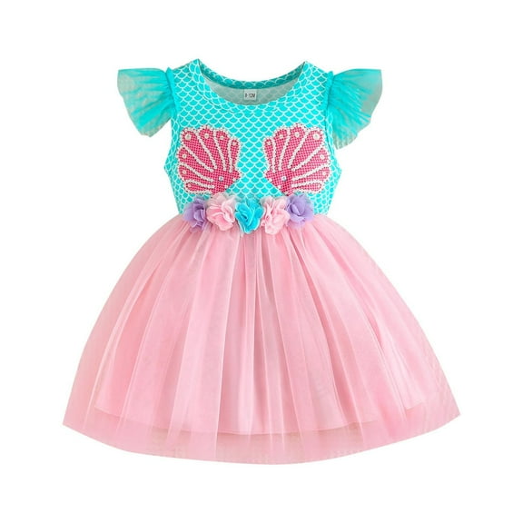 Toddler Girls Dresses A Line Fly Sleeve Scallop Printing Mesh Stitching Tutu Dress With 3D Flower Detail Kids Girls Casual Vacation Dresses，9 -12 Months