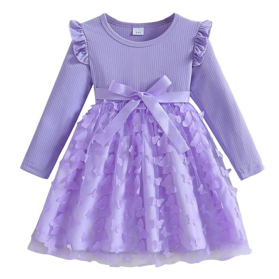 Toddler Girls Dresses Long Sleeve Bowknot Prints Dress Fall Clothes Size 4-5T