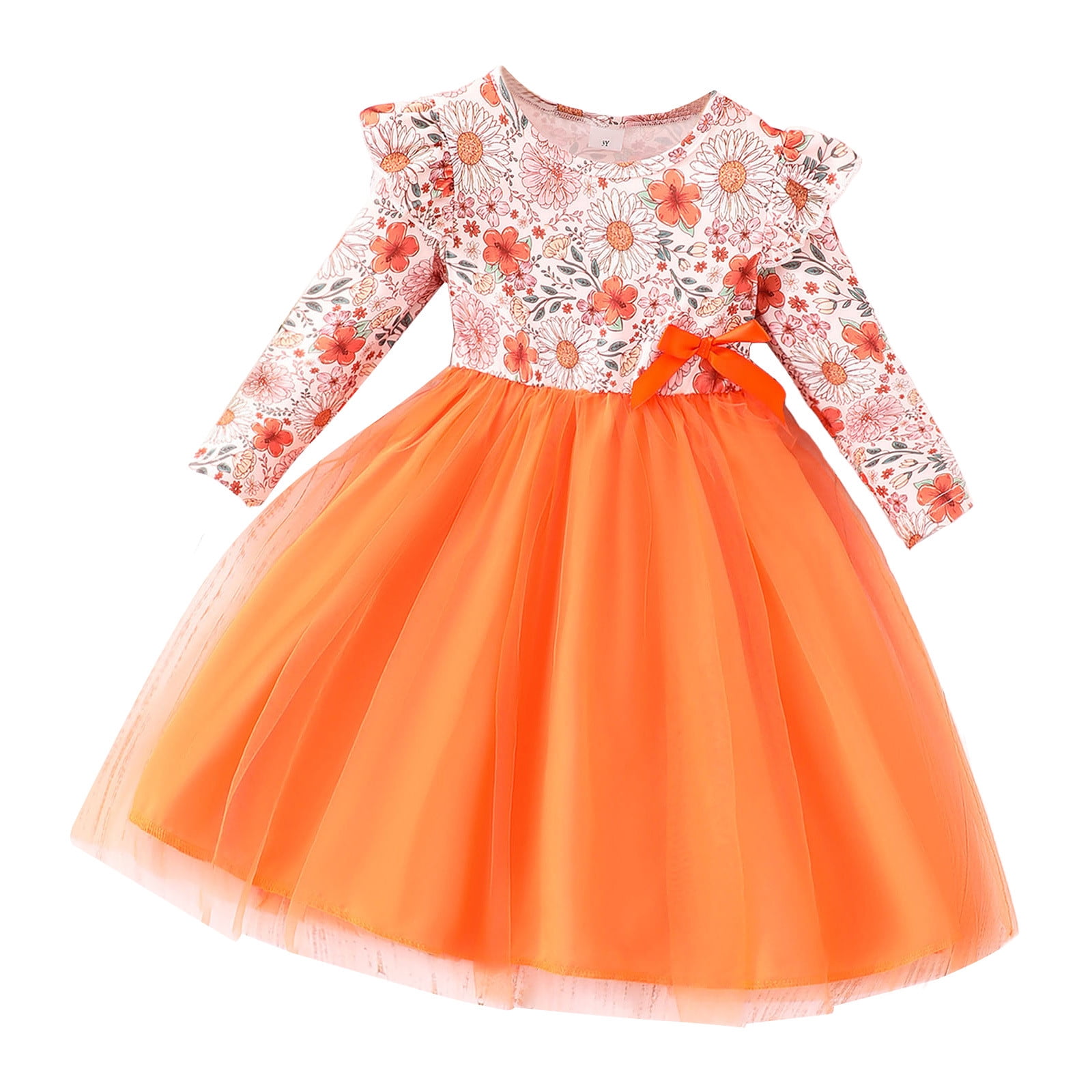 Toddler Girls Dresses Long Sleeve Floral Prints Lace Tulle Princess