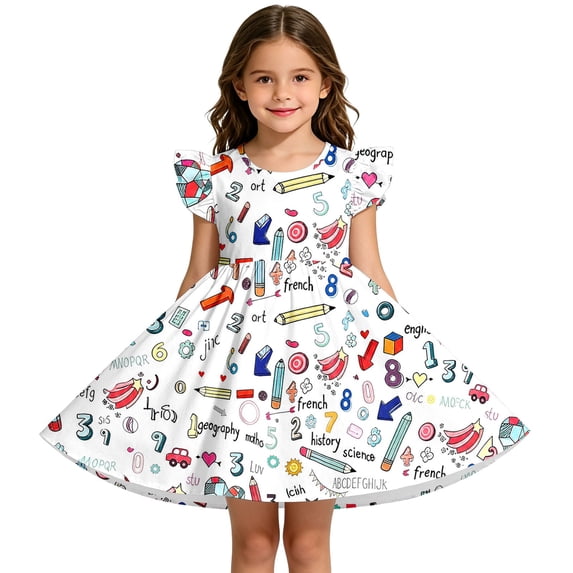 Toddler Girls Dresses Pencil Letter Print Sleeveless Back To School Outfit Ruffle Sleeves Girls Wedding Guest Dress Size 3-4T