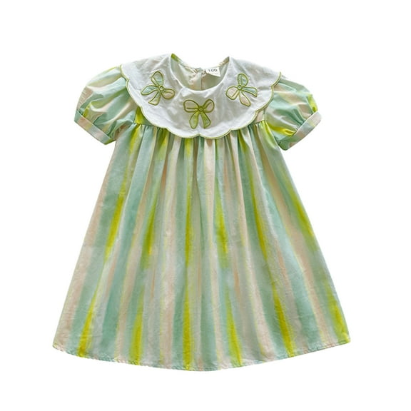 Toddler Girls Dresses Peter Pan Collar Flare Sleeve Bow Embroider Color Stripe Dress Childrens Girl Summer Holiday Dance Party Princess Dresses,3 -4 Years