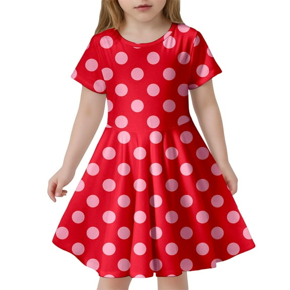 Toddler Girls Dresses Round Neck Short Sleeved Polka Dot Printing Dress Kids Girl Lightweight Breathable Home School Comfortable Everyday Wear Dresses，4 -5 Years