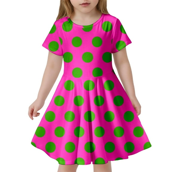 Toddler Girls Dresses Round Neck Short Sleeved Polka Dot Printing Dress Kids Girl Lightweight Breathable Home School Comfortable Everyday Wear Dresses，10 -13 Years