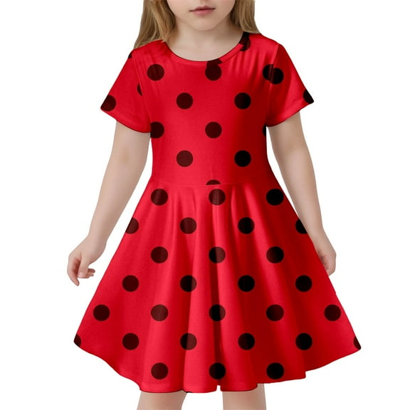 Toddler Girls Dresses Round Neck Short Sleeved Polka Dot Printing Dress Kids Girl Lightweight Breathable Home School Comfortable Everyday Wear Dresses，10 -13 Years
