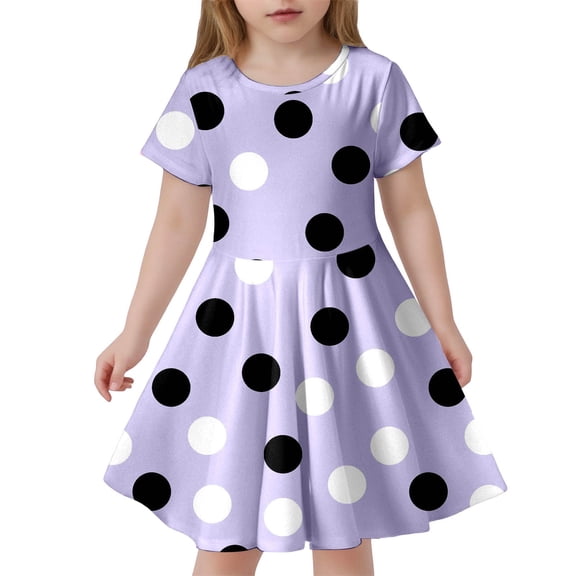Toddler Girls Dresses Round Neck Short Sleeved Polka Dot Printing Dress Kids Girl Lightweight Breathable Home School Comfortable Everyday Wear Dresses，10 -13 Years