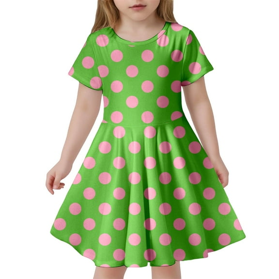 Toddler Girls Dresses Round Neck Short Sleeved Polka Dot Printing Dress Kids Girl Lightweight Breathable Home School Comfortable Everyday Wear Dresses，8 -9 Years