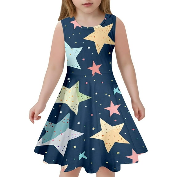 Toddler Girls Dresses Round Neck Sleeveless Star Printing Long Dress Summer Kids Girl Home School Comfortable Everyday Wear Dresses,8 -9 Years