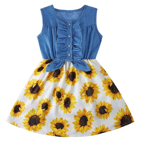 Lanbubble Girls Dresses Sleeveless Denim Dress Ruffle Bowknot Front A-Line Casual Sundress Sunflower Dress for Kids 2-8T