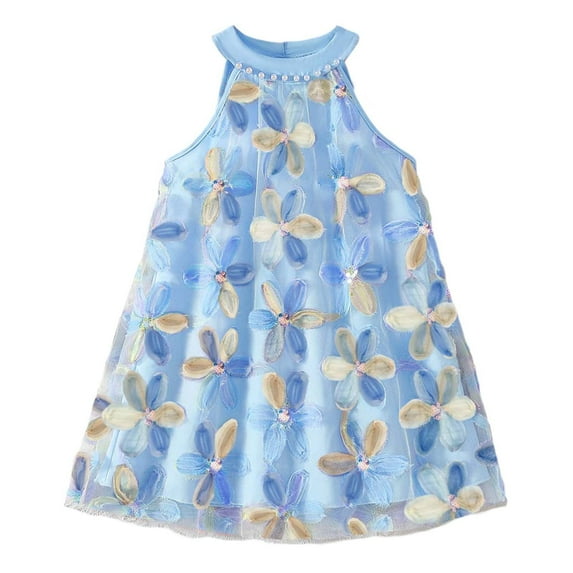 Toddler Girls Dresses Sleeveless Floral Mesh Dress With 3D Flowers Childrens Girl Summer Trendy Loose Comfortable Go Out And Play Dresses,3 -4 Years