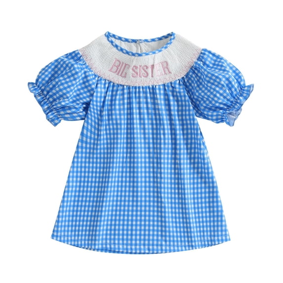 Toddler Girls Dresses Smocked Embroidery Floral Party Gown Plaid Ruffled Sleeves Casual Play Girls Birthday Dress