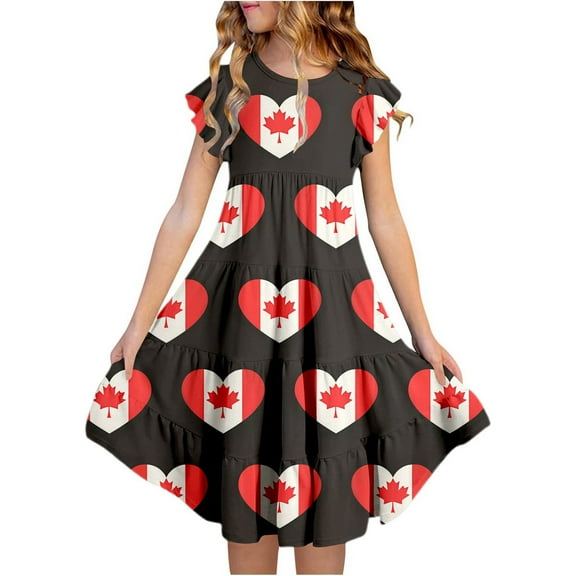 Toddler Girls Dresses Summer A Line Canada Day Maple Leaf Print Round Neck Dress Children Girls Lightweight Breathable Fashion Outdoor Leisure Dresses,6 -7 Years