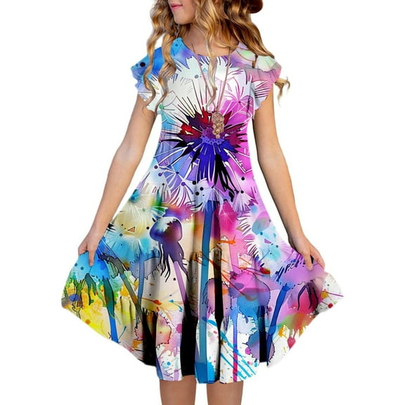 Toddler Girls Dresses Summer Round Neck Lotus Leaf Sleeves A Line Flower Printing Gradient Dress Kids Girl Everyday Wear Stylish Dresses，6 -7 Years