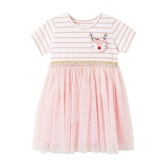 Toddler Girls Dresses Summer Short Sleeve Round Neck Mesh Splicing Tutu Dress With Cartoon Xiaolu Decoration Kawaii Kids Girl Dresses,2 -3 Years