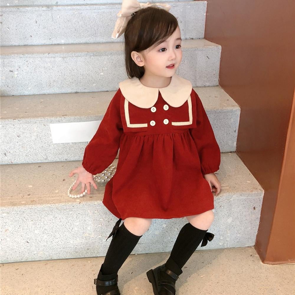 Toddler Girls Dresses Sweater Long Sleeve Winter Dress Ruffle Collar 