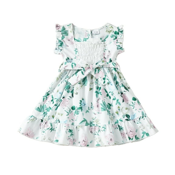 Toddler Girls Dressess Sleeveless Floral Full Length Dress 1 4 Year Old Girls Casual Green Leaf Square Neck Belt Dress Spring Elegant Dress