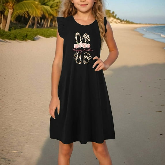 Toddler Girls Easter A Line Dress Cute Bunny Rabbit Printed Skirt Summer Ruffle Sleeve Sundress Outfit For Kids Black 11-12 Years