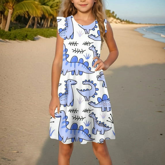 Toddler Girls Easter A Line Dress Summer Ruffle Sleeve Cute Animal Print Midi Sundress Outfit For Kids Blue 5-6 Years