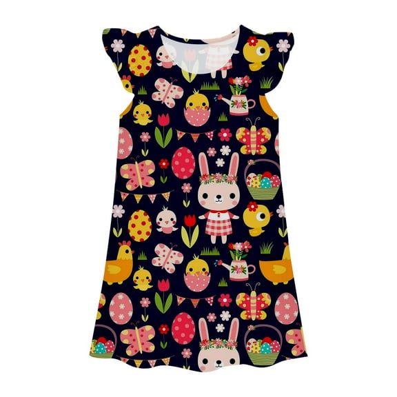 Toddler Girls Easter Bunny Pajamas Dress 3D Printed Nightgowns Flutter Sleeve Pajamas Dress Nightdress #Black 5-6 Years