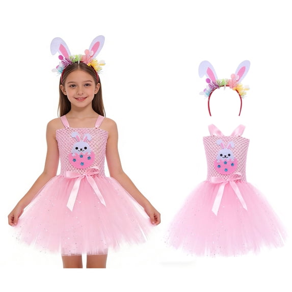 Toddler Girls Easter Sleeveless Tutu Tulle Dresses and Headband Set Dress up Performance Dancewear Girls Clothes 2-3 Years
