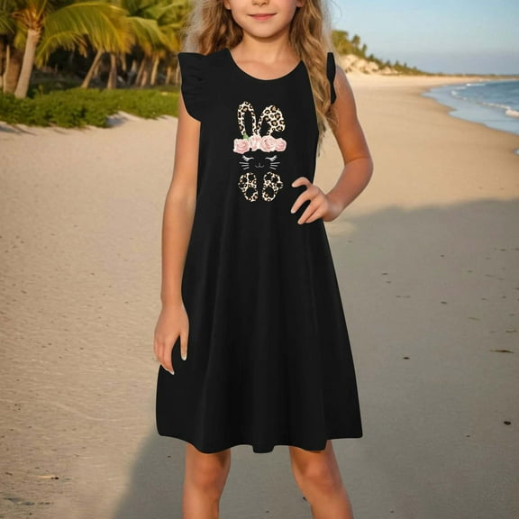 Toddler Girls Easter Dress 2025 Summer Cute Bunny Printed Ruffle Sleeve Sundress Outfit For Kids Black 7-8 Years