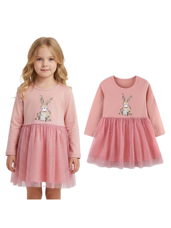 Toddler Girls Easter Dress Long Sleeve Bunny Print Dress Tulle Dress Spring Dress Girl Dresses 3-4 Years